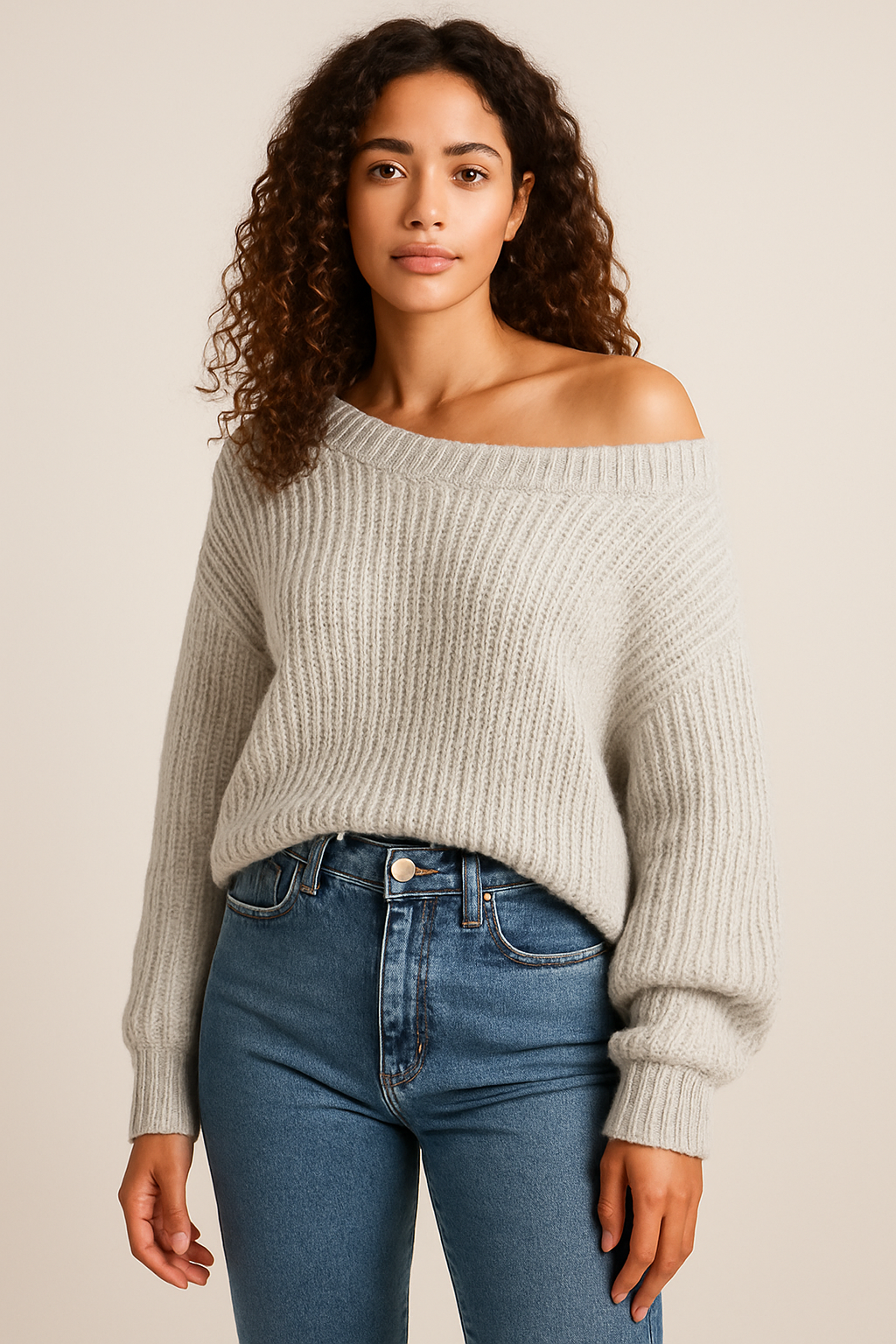 Isabella Jersey de Mujer – Diseño Oversize Off-Shoulder de Punto Grueso