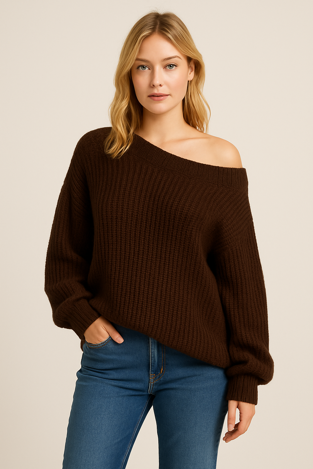 Isabella Jersey de Mujer – Diseño Oversize Off-Shoulder de Punto Grueso