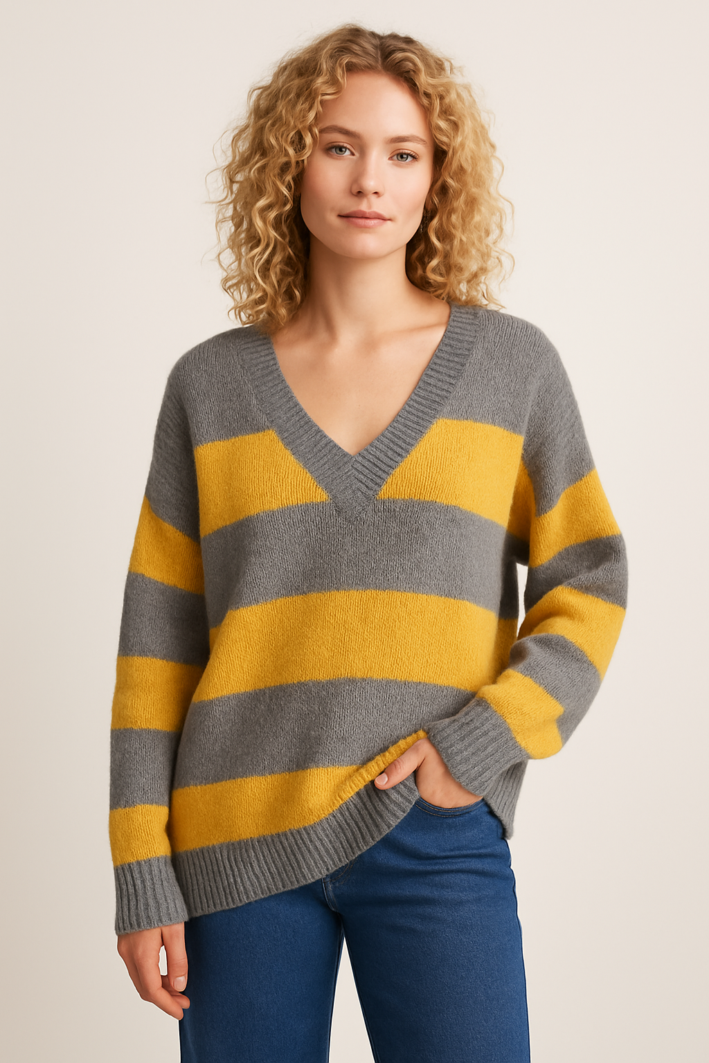 Valeria Jersey de Mujer – Diseño Oversize con Rayas Anchas y Escote en V